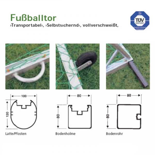 Fussballtor selbstsichernd vollverschweißt, 1Stück, Tortiefe 2,00 m, Art.-Nr: H114